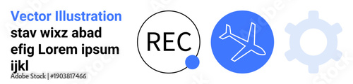 Aviation, recording, technology, interface design, workflow automation, branding. Circular REC icon, airplane graphic gear shape in blue and gray tones. Aviation and technology concepts