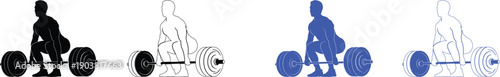 weightlifting deadlift icons isolated on white background, black and blue vector illustration of man lifting barbell for gym, fitness, and strength training concepts.