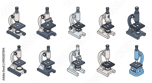Isometric Medical and Science Microscope Collection on Isolated White Background, Research Laboratory Equipment Set