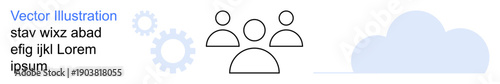 Teamwork, technology, cloud computing, networking, productivity, innovation. People icons with gear and cloud shapes in a minimalist design. Teamwork and technology concepts illustrated