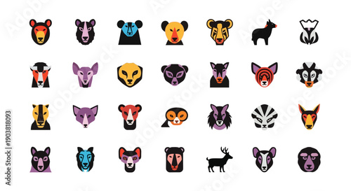 Diverse Collection of Animal Head and Silhouette Icons on Isolated White Background