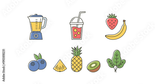 Refreshing Summer Fruits and Blender Icons Set for Smoothies and Healthy Drinks on an Isolated White Background.