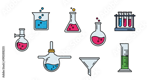 Chemistry Laboratory Glassware and Equipment Icons Set for Scientific Research and Experiments on an Isolated White Background.