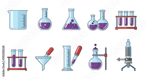 Collection of Chemical Laboratory Glassware and Equipment with Purple Liquid for Science Experiments on Isolated White Background