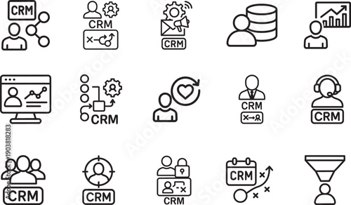 CRM web icon set in line style for customer relationship management, marketing, data, planning and analysis.