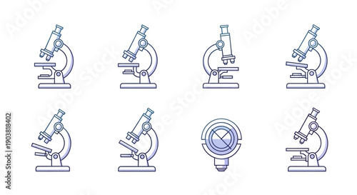 Set of Scientific Microscope Outline Icons for Research and Laboratory on Isolated White Background