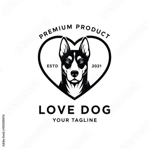 Premium vector logo illustration of a dog's head in a heart for pet product branding