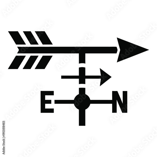 Black and white compass arrow and electrical ground symbol with directional lines des