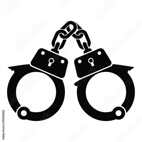 Black and white handcuffs in closed position with chain link symbol restraint d