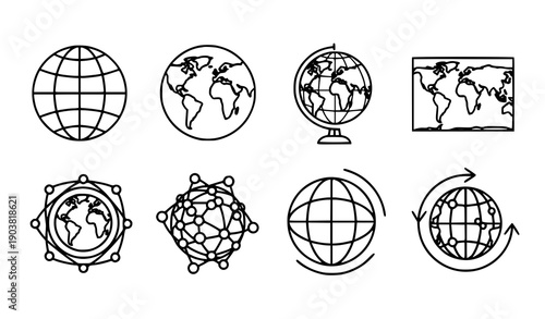 Globe line art icon set with world grid vector symbols