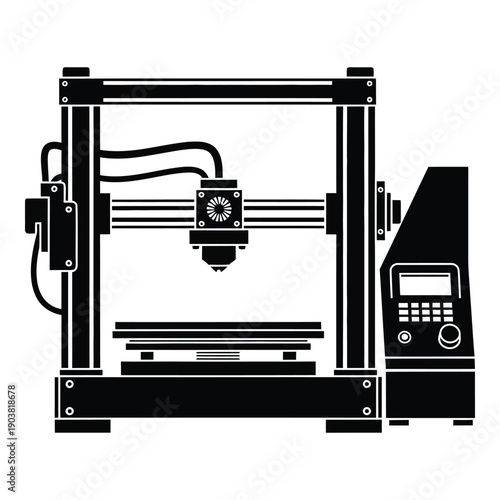 Black and white line of a 3 D printer with control panel 3D printer printing additive manufacturing