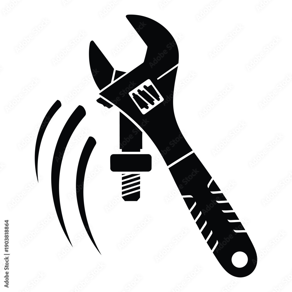 Obraz premium Black and white of a wrench with radiating signal waves tool desig