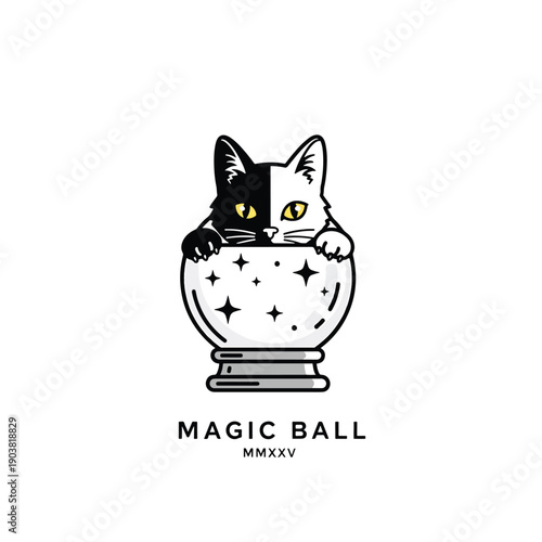 Whimsical Bicolored Cat Peeking Playfully from a Star-Filled Magic Crystal Ball, Vector Illustration