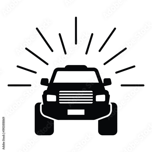 Black and white of an S U V with beam headlights on monochrome vehicle d