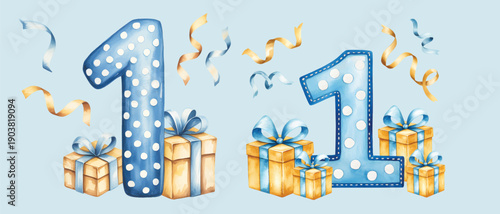 First birthday gift and number one decoration in watercolor. Baby first birthday invitation element set. 