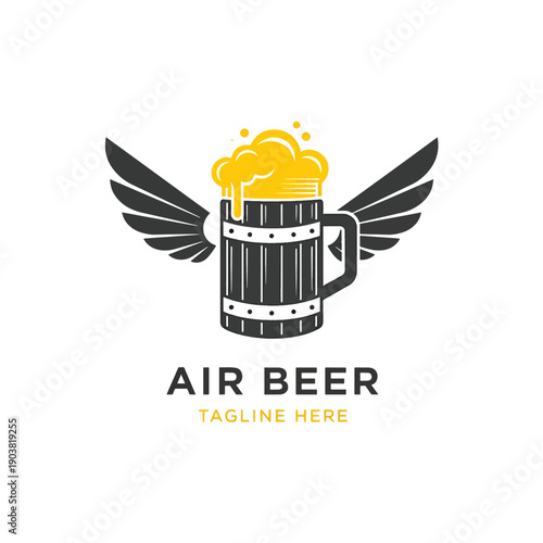 Stylized flying beverage mug illustration, a conceptual vector graphic with frothy golden liquid.