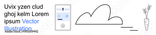 Smart home technology, climate control, sustainability, design, gardening, digital tools. Minimalist ion of a temperature panel, cloud and carrot. Smart home technology and climate control