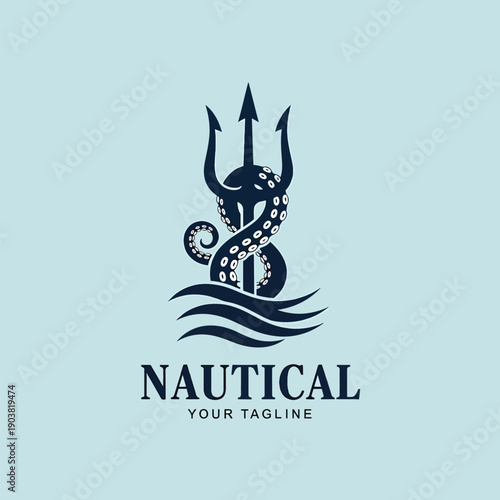 Dynamic octopus tentacle design wrapping a trident, emerging from ocean waves, vector emblem.