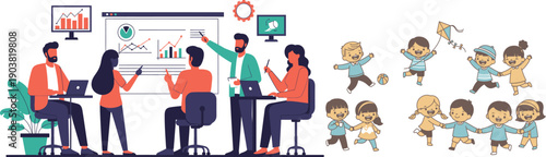 Diverse group of people collaborating and celebrating in an office setting with various emotions and actions