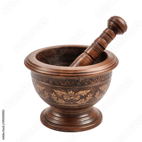 Wooden Mortar and Pestle Placed on a White Surface for Kitchen Use and Food P...