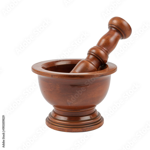 Wooden Mortar and Pestle Placed on a White Surface for Kitchen Use and Food P...