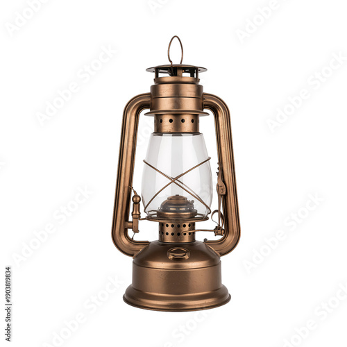 Lantern Standing on a Flat Surface With a Shiny Copper Finish and a Glass Center