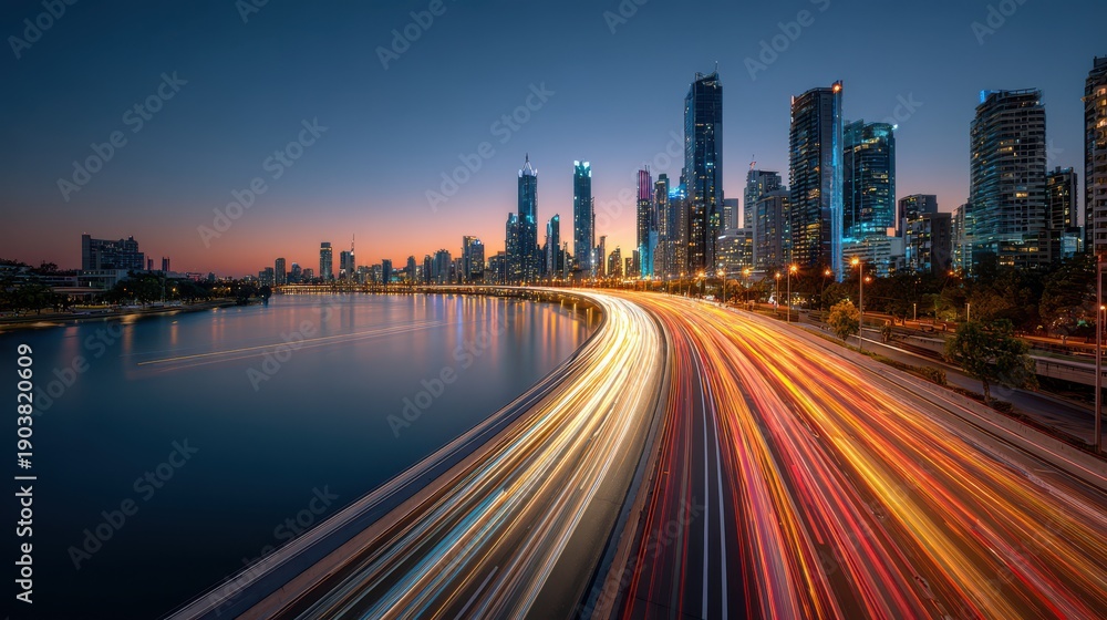 Obraz premium Modern city skyline at dusk with long exposure light trails on a highway next to a river
