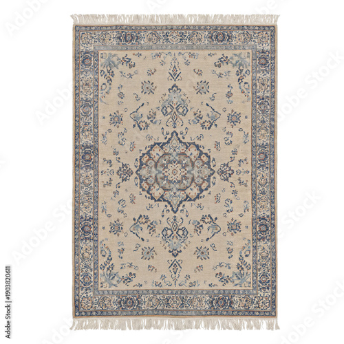 Decorative Area Rug With Intricate Designs in Light Colors on a Simple Background