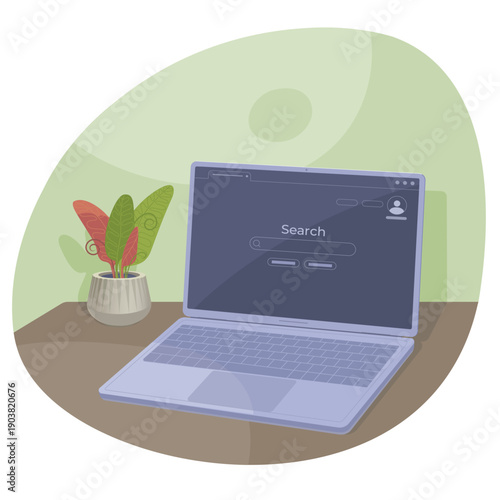 A desktop, an open laptop, and a web search page with a potted decorative plant on the table. Vector illustration.

