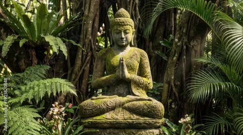 Serene Buddha Statue in Lush Jungle Environment, Peaceful Landscape, Tranquil Reflection