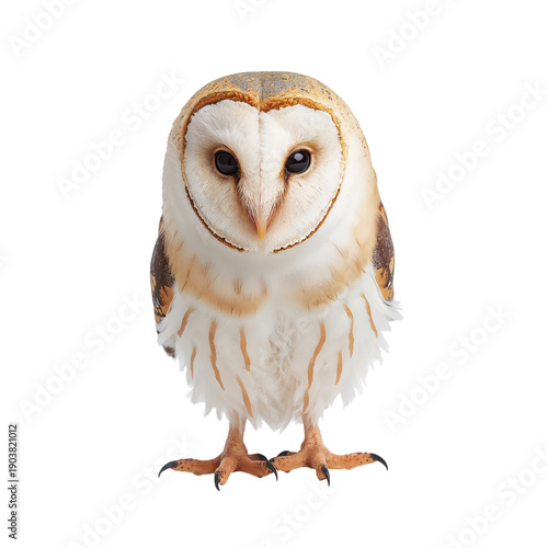 Owl Stands Still on a White Background With Eyes Wide Open and Feathers Neatl...
