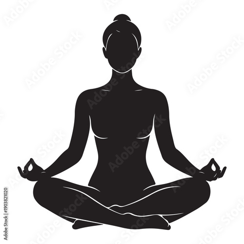 Black silhouette of a woman meditating in lotus position, vector illustration for yoga or wellness website, poster, or social media isolated on Transparent Background