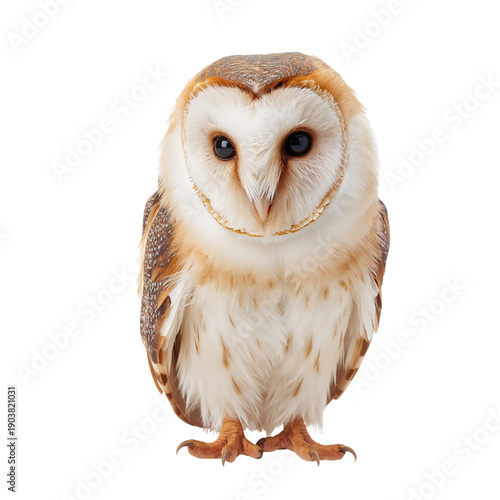 Owl Stands Still on a White Background With Eyes Wide Open and Feathers Neatl...