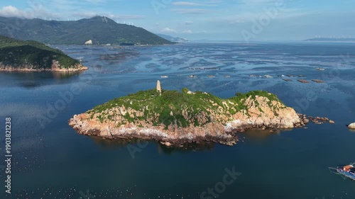 A dilapidated tower on the small island