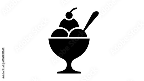 Ice Cream Sundae Icon with Cherry and Spoon, Frozen Dessert Bowl Symbol in Black and White, Minimal Flat Design Illustration for Food, Cafe, and Sweet Treat Concepts