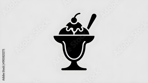 Ice Cream Sundae Icon with Cherry and Spoon, Dessert Symbol in Black and White, Minimal Flat Design Illustration for Food, Cafe, and Sweet Concepts