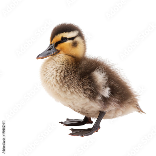 Small Duckling Stands on Plain Background Looking Around for Food and Other D...