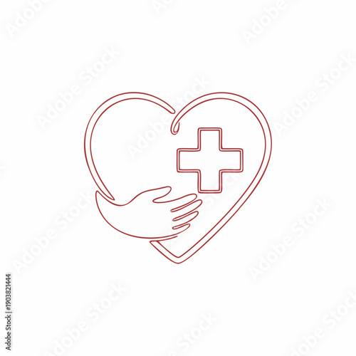 Continuous line art of a heart with medical cross and hand, healthcare and first aid concept