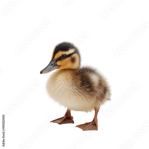 Small Duckling Stands on Plain Background Looking Around for Food and Other D...