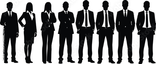 Professional business team silhouettes, corporate men and women in formal suits standing, diverse group of office employees