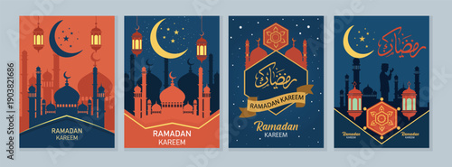 Ramadan Kareem vector illustration of Trendy greeting card , Banner, Mosque, Moon and Star, Lantern, Holiday cover, Modern and Unique design Collection