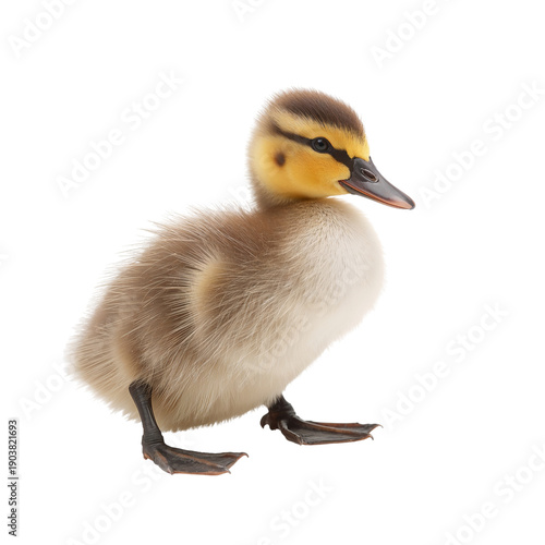 Cute Duckling Stands on a White Background During a Sunny Day in a Farmyard S...