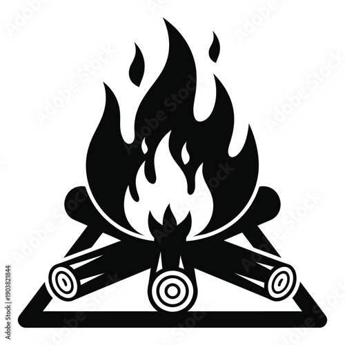 Black and white campfire with burning logs and flames desi
