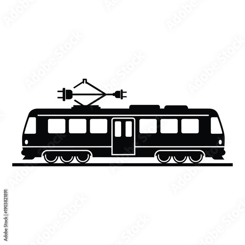 Black and white electric train silhouette with pantograph and side door railway vehicle