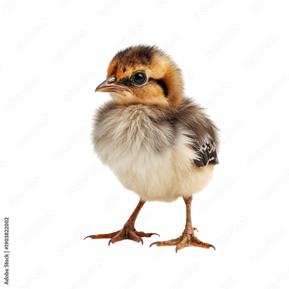 Obraz premium Small Brown Chick Stands Upright With Fluffy Feathers on a Bright Background