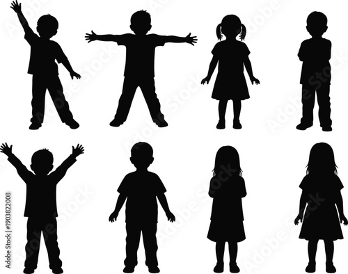 Happy children silhouettes isolated on white background, group of young boys and girls playing, diverse childhood poses vector illustration design elements bundle
