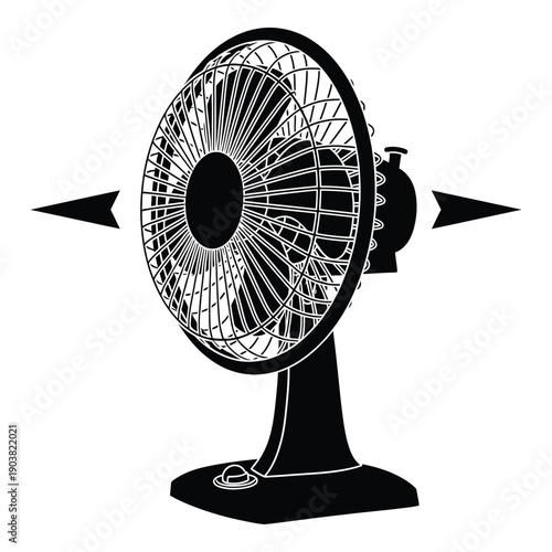 Black and white line of a rotating electric fan with airflow arrows line electric fan rotating fan d