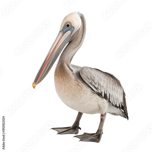 Pelican Standing on Two Legs With a Long Bill and Gray Feathers in a Bright S...