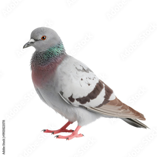 Pigeon Standing on Ground With Grey Feathers and Unique Markings in Bright Light