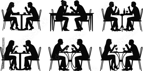 Silhouette icon set of couples dining at restaurant tables, featuring romantic dates, wine drinking, and social eating for lifestyle and hospitality projects.